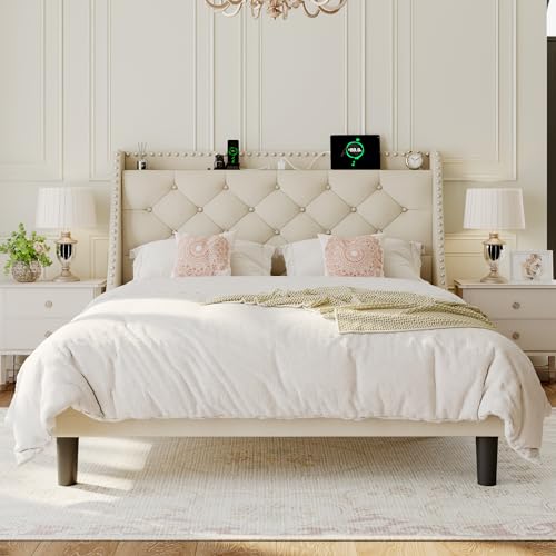 Einhomn Full Size Bed Frame with Wingback Button Tufted Storage Headboard and Type AC Ports