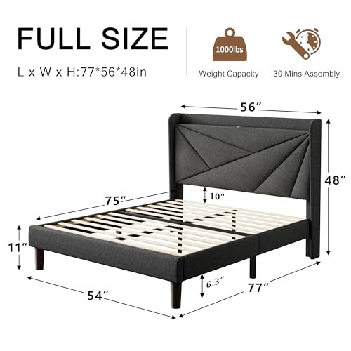 Einhomn Full Size Upholstered Bed Frame with Charging Station