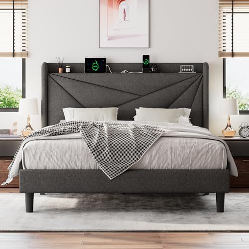 Einhomn Full Size Upholstered Bed Frame with Charging Station
