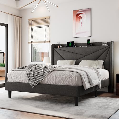 Einhomn Full Size Upholstered Bed Frame with Charging Station