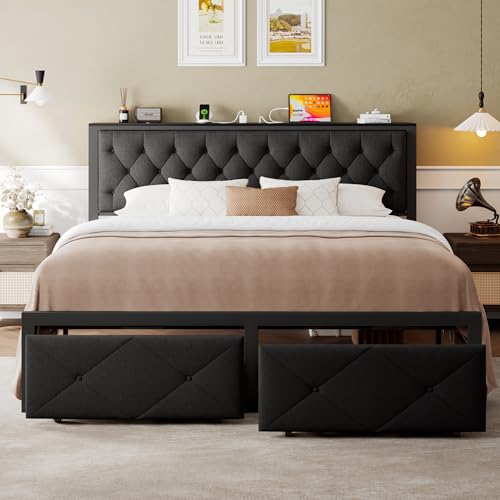 Einhomn King Size Bed Frame with 2 Storage Drawers