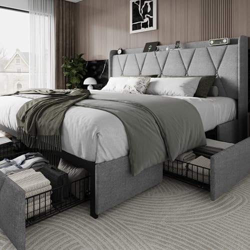 Einhomn King Size Bed Frame with 4 Storage Drawers and Charging Station