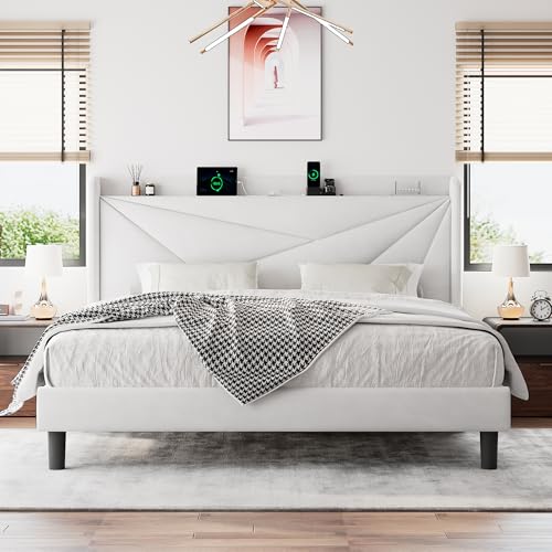 Einhomn King Size Upholstered Bed Frame with Charging Station