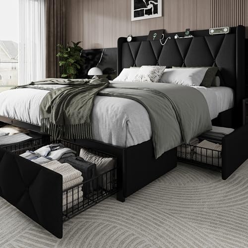 Einhomn Queen Bed Frame with 4 Storage Drawers and Charging Station