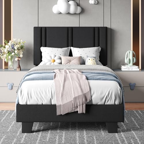 Einhomn Upholstered Twin Size Bed Frame with Linen Fabric Headboard