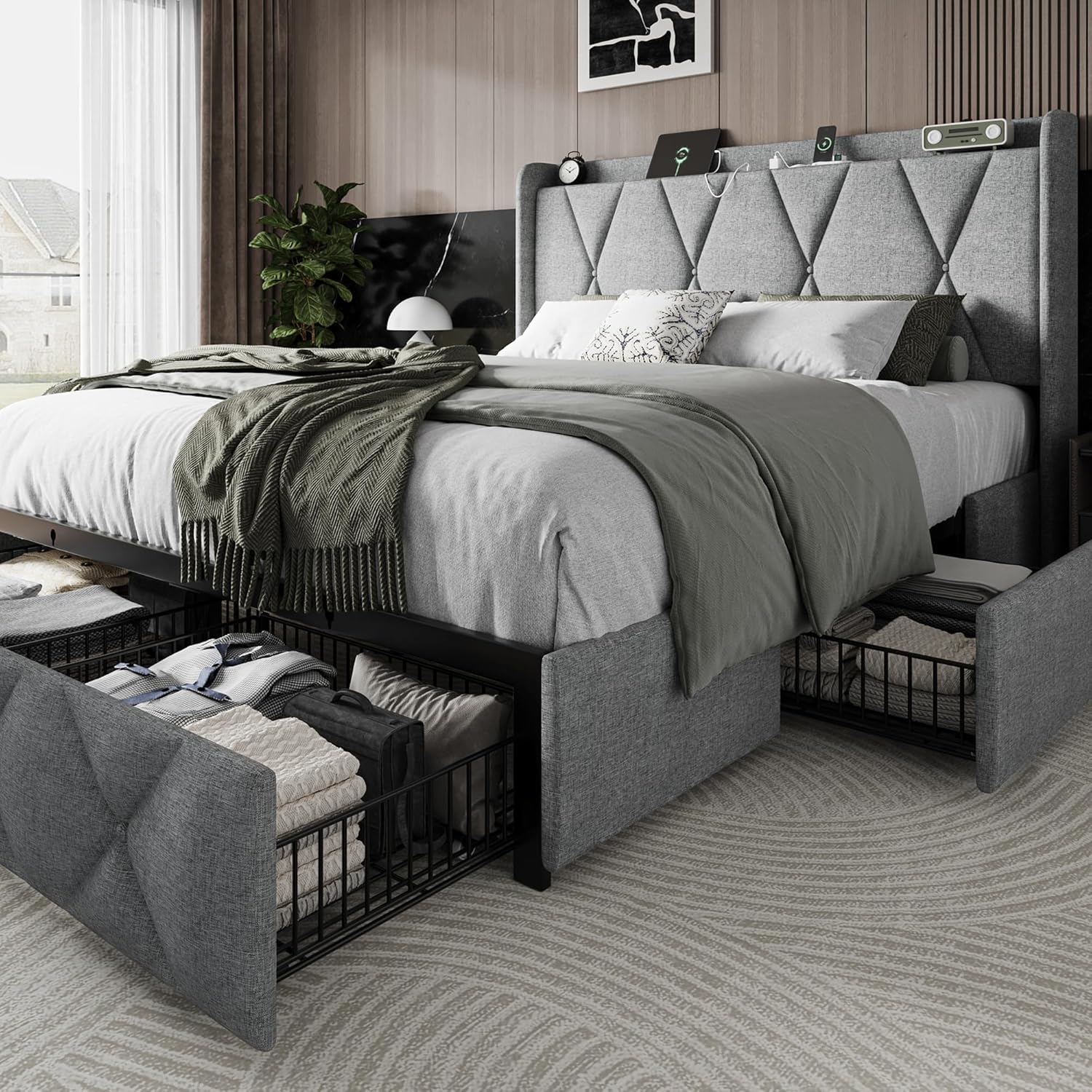 Full Size Bed Frame with 4 Storage Drawers and Charging Station